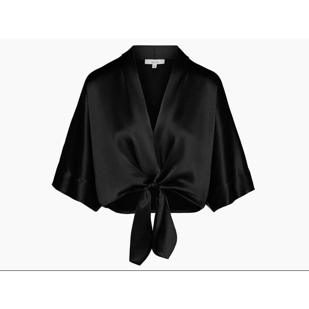 THE SEI Silk Dolman Tie-Front Blouse Black Size 0 XS NWT $564 silk Charmeuse